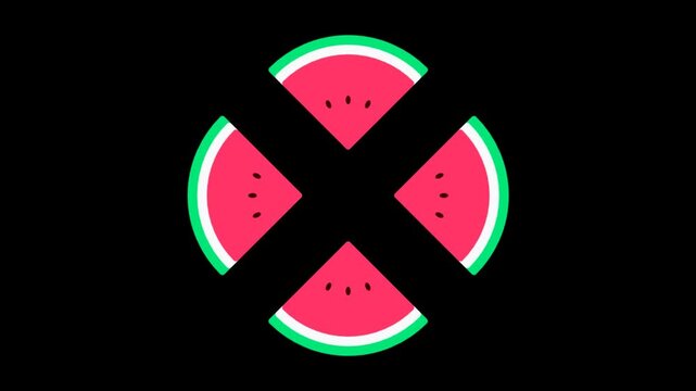 Animated round watermelon splitting into four pieces on a black background