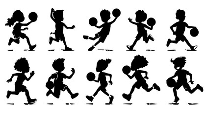 Obraz premium Set of Silhouettes Featuring Kids Playing Basketball and Running with Balls