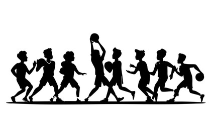 Fototapeta premium Black Silhouettes of Young Children Playing Basketball Together in a Team Sports Game Activity Isolated on White Background