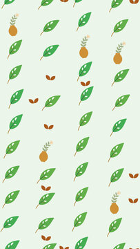 Pattern of green leaves, flowers in vases, and seeds