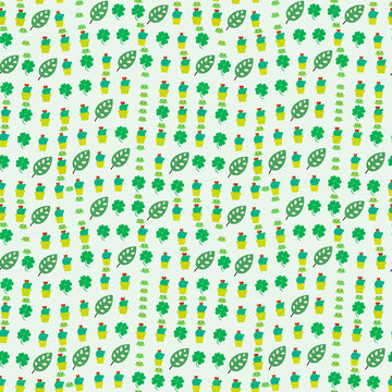 Pattern of Potted Cacti, Clover Leaves and Green Leaves