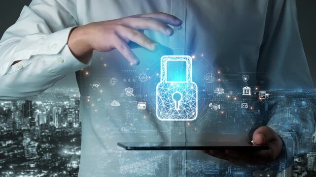 Cybersecurity protection system showing password encryption, fingerprint ID, cloud security, email, credit card, and database lock for secure data access Marrow