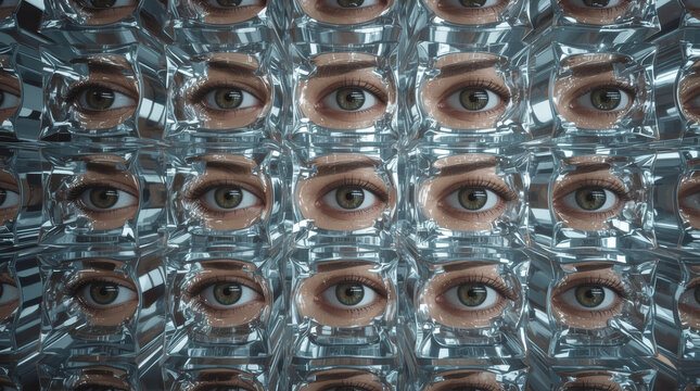Dense arrangement of eyes behind transparent glass, creating surreal reflective pattern