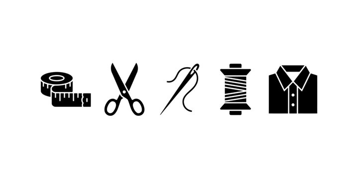 Flat sewing tools icon set with shirt