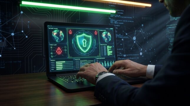 Futuristic Cybersecurity Operations Dashboard with Neon Green Digital Shield