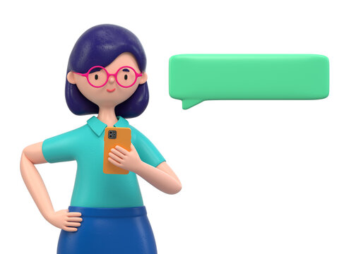 woman in business attire with phone and speech bubble