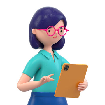 woman holding tablet, pointing upwards