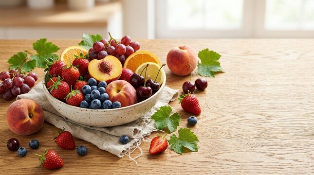 A ceramic bowl filled with fresh mixed summer fruits on a rustic wooden kitchen table surface