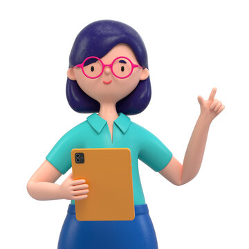 woman holding tablet, pointing upwards