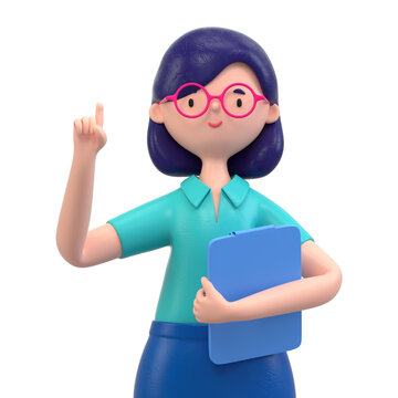 woman with green folder, pointing upwards
