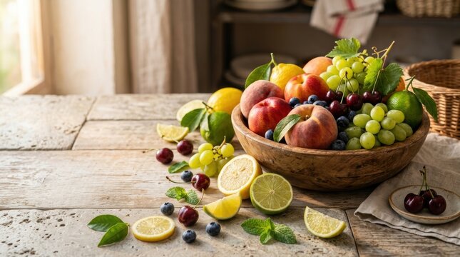 Fresh assortment of healthy mixed seasonal fruits in a rustic wooden bowl on a weathered stone table