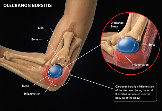 Medical illustration showing olecranon bursitis inflammation in elbow joint anatomy