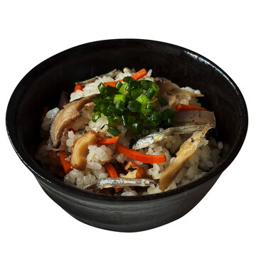 いり飯 1杯の切り抜き。小魚や野菜が入った高知県の伝統的な郷土料理いりこ飯・和食フード素材 俯瞰