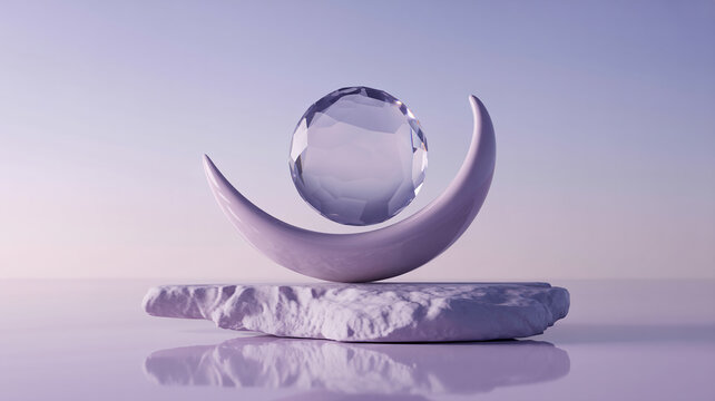 Elegant crystal sphere balanced on crescent moon shaped stand