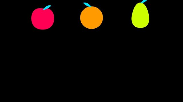 Vibrant neon vector fruit animation with colorful apple orange and pear icons floating against a dark black background