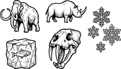 Obraz premium Prehistoric Ice Age Animal Vector Set Featuring Woolly Mammoth, Rhinoceros, Smilodon Saber Toothed Tiger Skull, Frozen Fish, and Snowflake Tattoo Illustrations