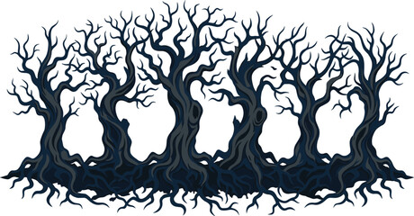 Fototapeta premium Spooky Dead Forest Silhouette Set with Gnarled Haunted Trees Twisting Bare Branches and Intertwined Roots for Halloween Landscape Vector Graphic Designs