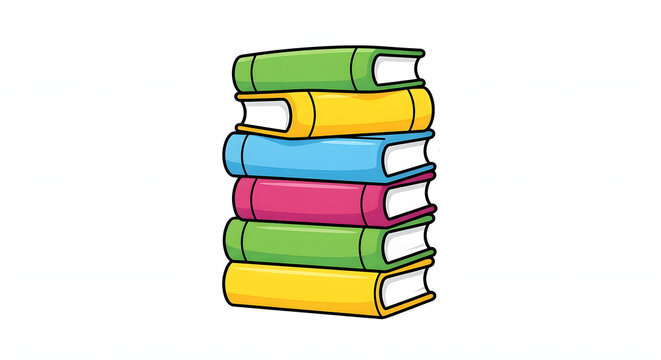 Stack of colorful cartoon books sticker vector illustration featuring vertical pile of thick colorful books on isolated white background