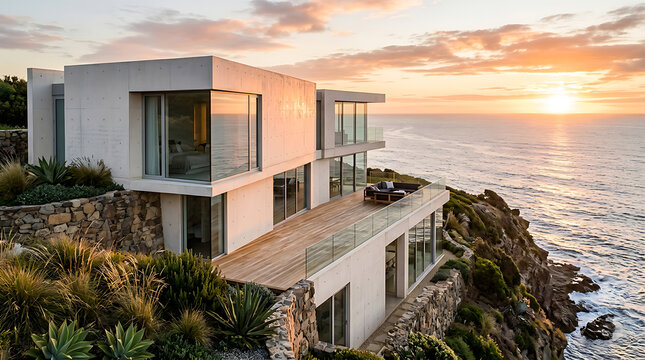 Modern luxury house perched on a cliffside overlooking the ocean at sunset with sleek design and expansive terraces