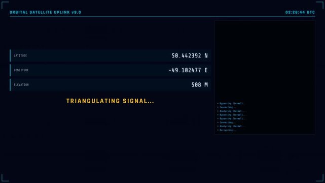 Dark blue orbital satellite uplink GPS tracking UI triangulating global signal