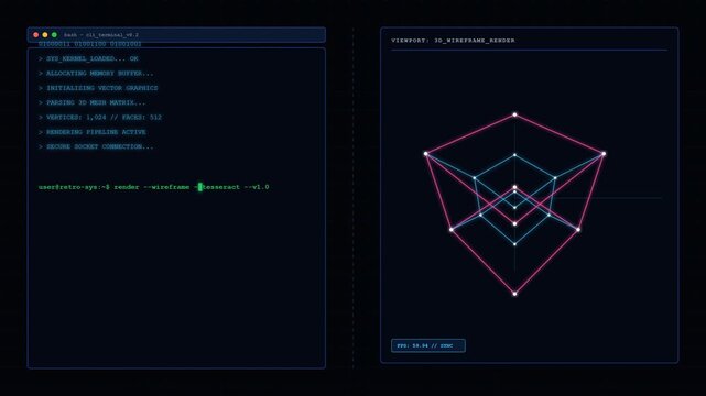 Digital wireframe hypercube rotating on programming code background
