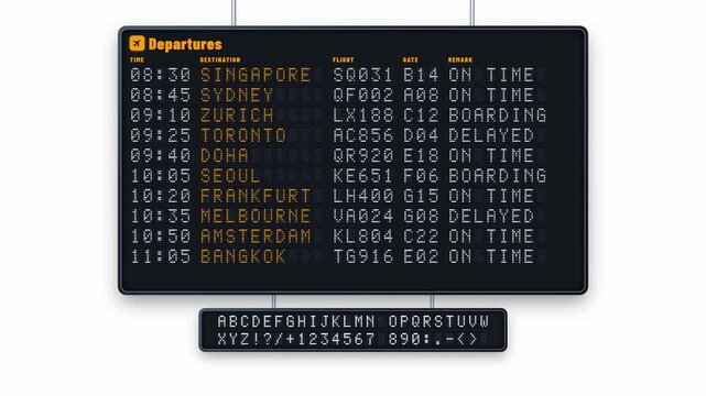 Airport departures board updating international flight status. 4K Video