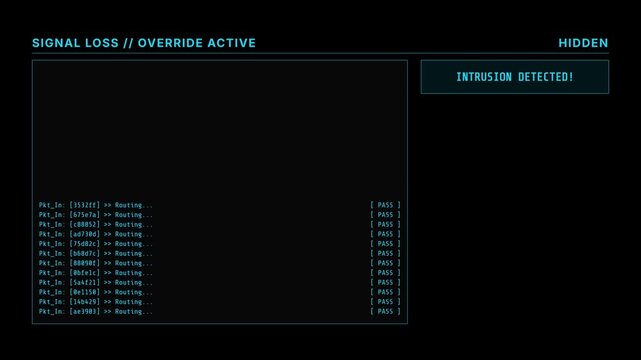 Dark mode encrypted comms UI showing signal loss and offshore node hijack