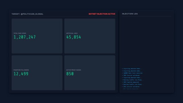 Dark mode cyber hacker dashboard UI showing fake social media botnet injection