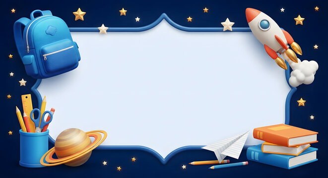 3D back to school and space theme border frame vector illustration featuring empty board with blue backpack, rocket, planet saturn, books, and stars on dark blue background