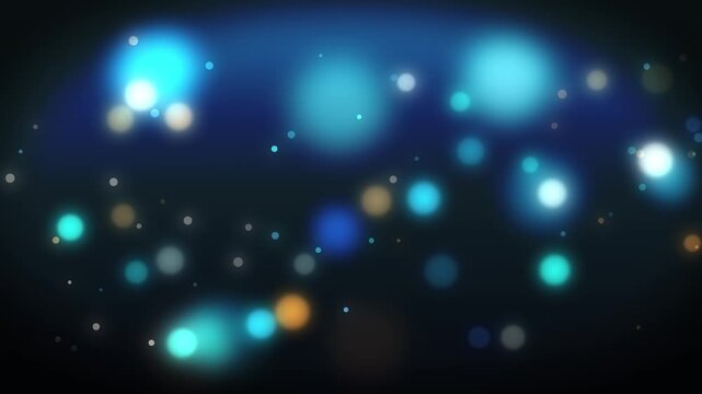 Abstract blue light bokeh background with floating particles glowing and shimmering in dark cinematic space
