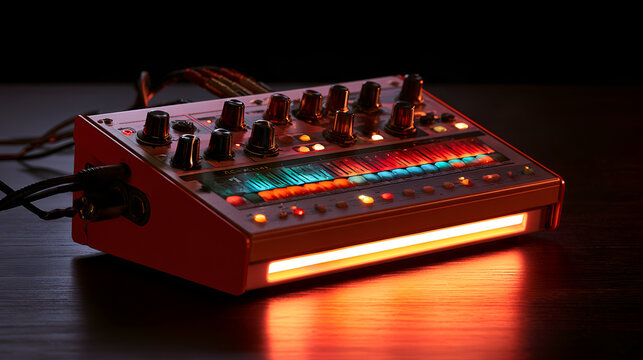 Analog Drum Machine Glowing Softly With Colorful Sequencer Lights