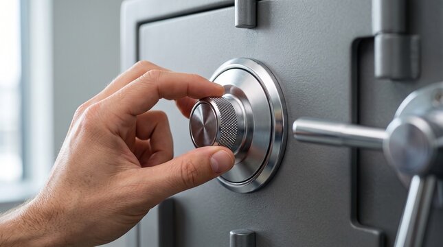 Hand turning a combination dial on a heavy steel safe to unlock hidden riches and financial wealth