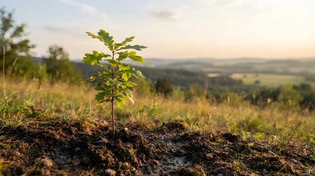 Young oak tree sapling growing in a sunny countryside field