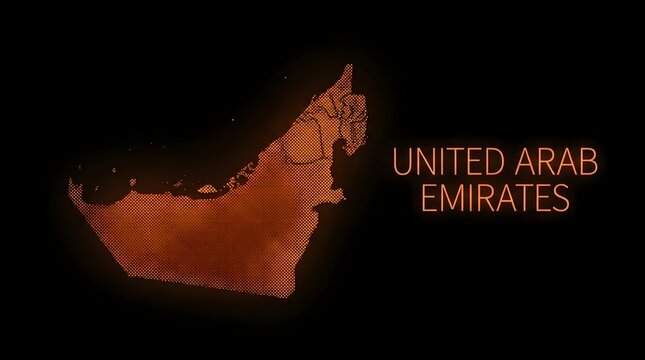 Glowing digital map of United Arab Emirates featuring modern halftone pattern design and bright orange typography over a solid black background for presentations