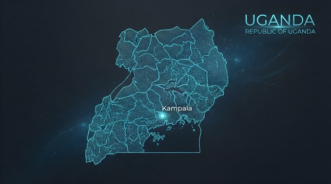 Digital map of Uganda featuring bright glowing blue dots and lines representing administrative regions and capital city Kampala against dark futuristic tech background graphic design