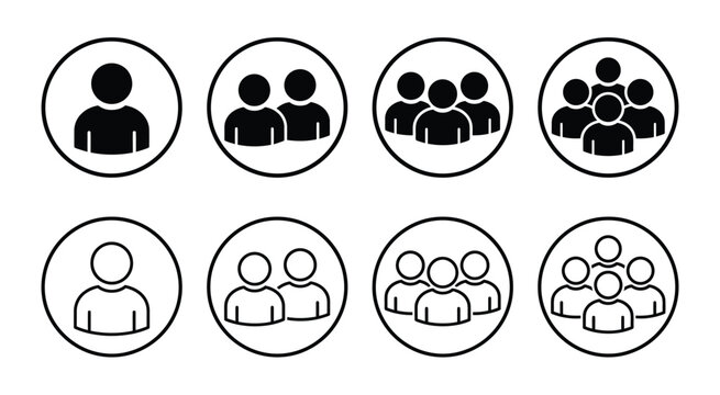 People and team silhouette icon collection with single and multiple user figures. Minimal black and outline symbols for community, organization, teamwork, business, social media, and communication.