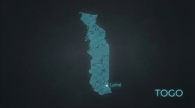 Digital map of Togo rendered in glowing blue dots with capital city Lome marked prominently against a dark background for futuristic tech presentation graphics