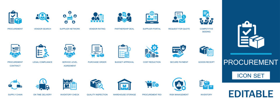 Procurement and supply chain management icon set. Featuring vendor search, procurement contract, budget approval, logistics, arbitrage and inventory. Editable vectors for delivery, & B2B projects.
