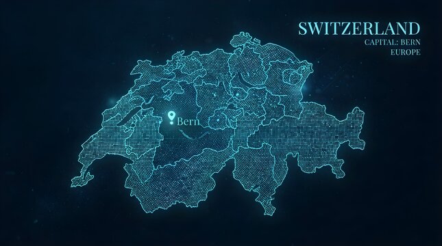 Glowing digital map of Switzerland featuring intricate dot matrix patterns showing borders regions and capital city Bern rendered in bright cyan color tones against dark background