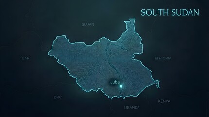 Obraz premium Glowing digital map of South Sudan featuring intricate dot patterns highlighting the capital city Juba against dark futuristic background with surrounding country labels