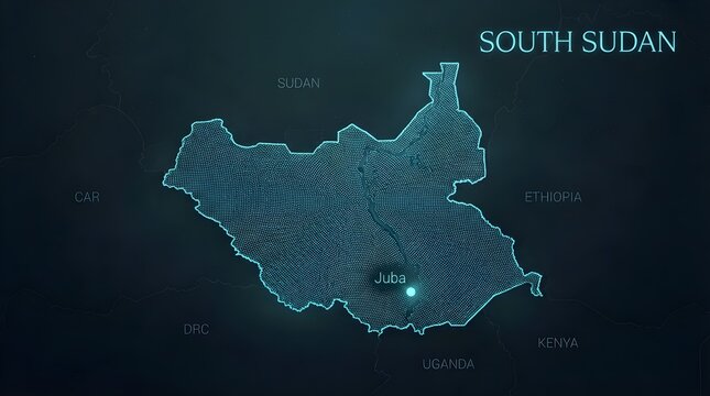 Glowing digital map of South Sudan featuring intricate dot patterns highlighting the capital city Juba against dark futuristic background with surrounding country labels