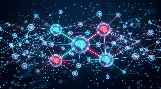 Artificial intelligence AI brain icons connected neural network data nodes glowing web grid circuit futuristic digital technology background 3D render illustration