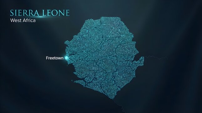 Sierra Leone digital map graphic featuring luminous blue dots representing geography layout and capital city location highlights against dark background lighting