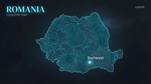 Romania futuristic digital country map rendered with glowing blue light dots highlighting capital city Bucharest against dark night background with typographic elements