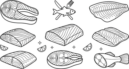 Obraz premium Fish Fillet Vector Icon Set with Fresh Salmon Steaks Tuna Raw Cuts and Lemon Wedges for Seafood Restaurant Menus