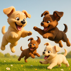Obraz premium Playful Puppies Frolicking in a Vibrant Meadow