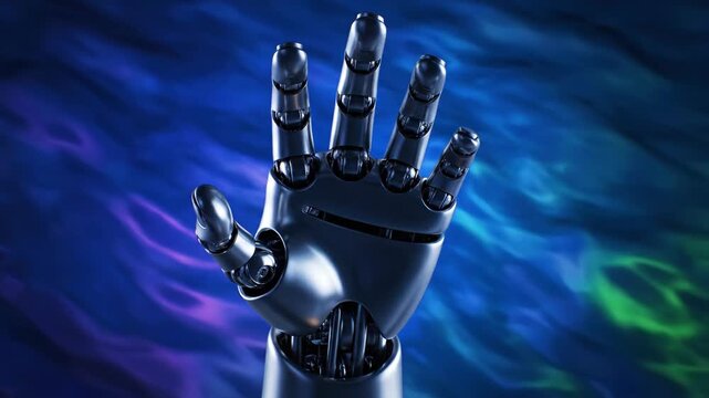 Futuristic robotic hand gesturing against a glowing abstract blue and green background.