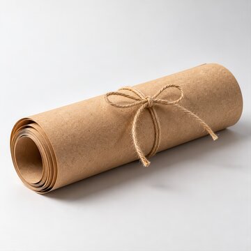 Rolled brown kraft paper tied with a rustic twine bow on white background