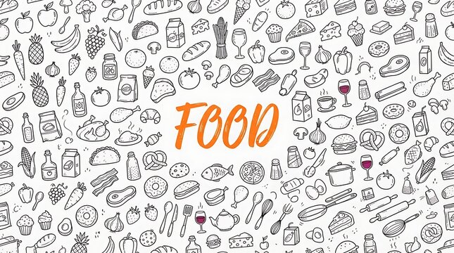 Seamless pattern of hand drawn food icons with the word food written in orange in the center