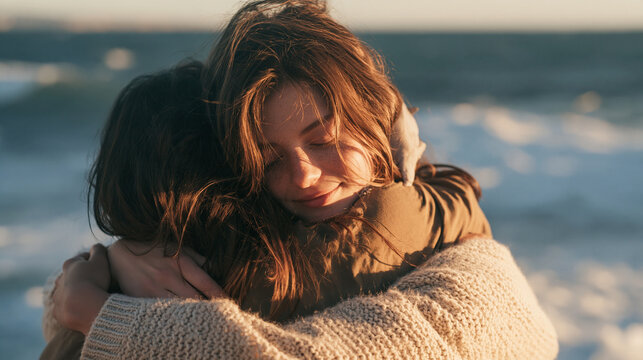 Two women hugging each other warmly at sunset on the beach with emotional support